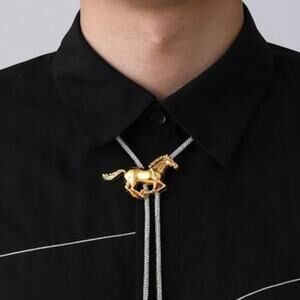 Gold Horse Rhinestone Bolo Tie Men & Women Western Cowboy Leather Rope Necktie